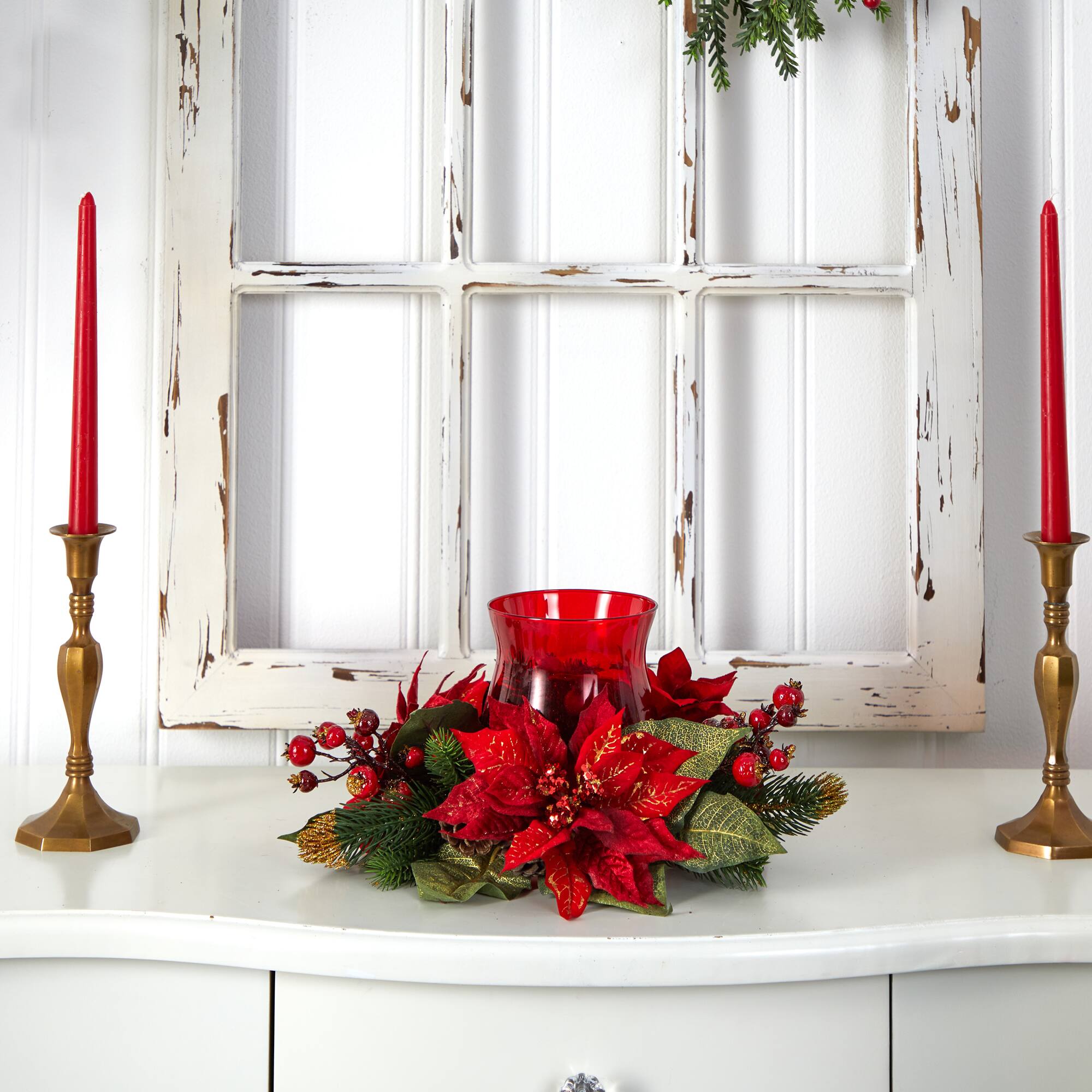 13" Poinsettia & Berry Candelabrum Artificial Arrangement
